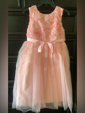 Elegant Pink Rosette Tulle Dress with Satin Waist Tie